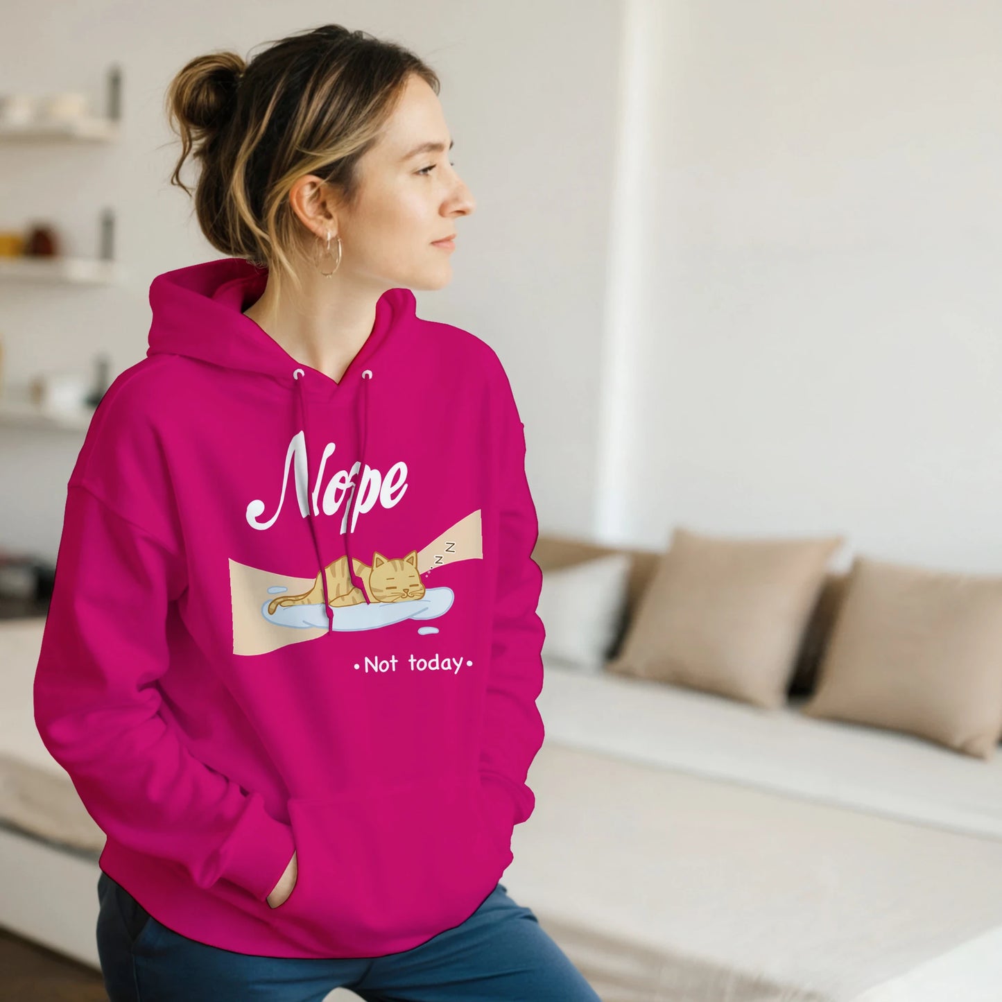 “Kawaii cat hoodie – cat sleeping on cloud with 'Nope, Not Today' print in pastel pink”