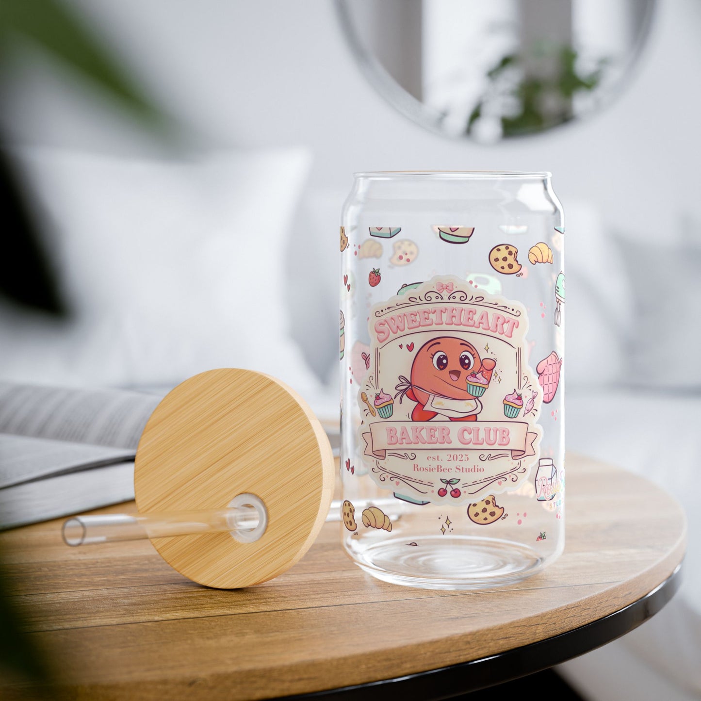Sweetheart Baker Club – Glass Can (473 ml) met Bamboe Deksel & Rietje