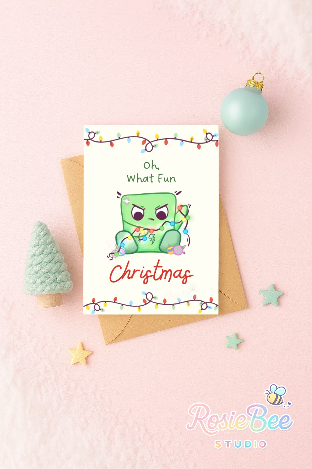 Funny Christmas Card – Tangled Lights – Moji Friend Boosheid – Kawaii Holiday Greeting