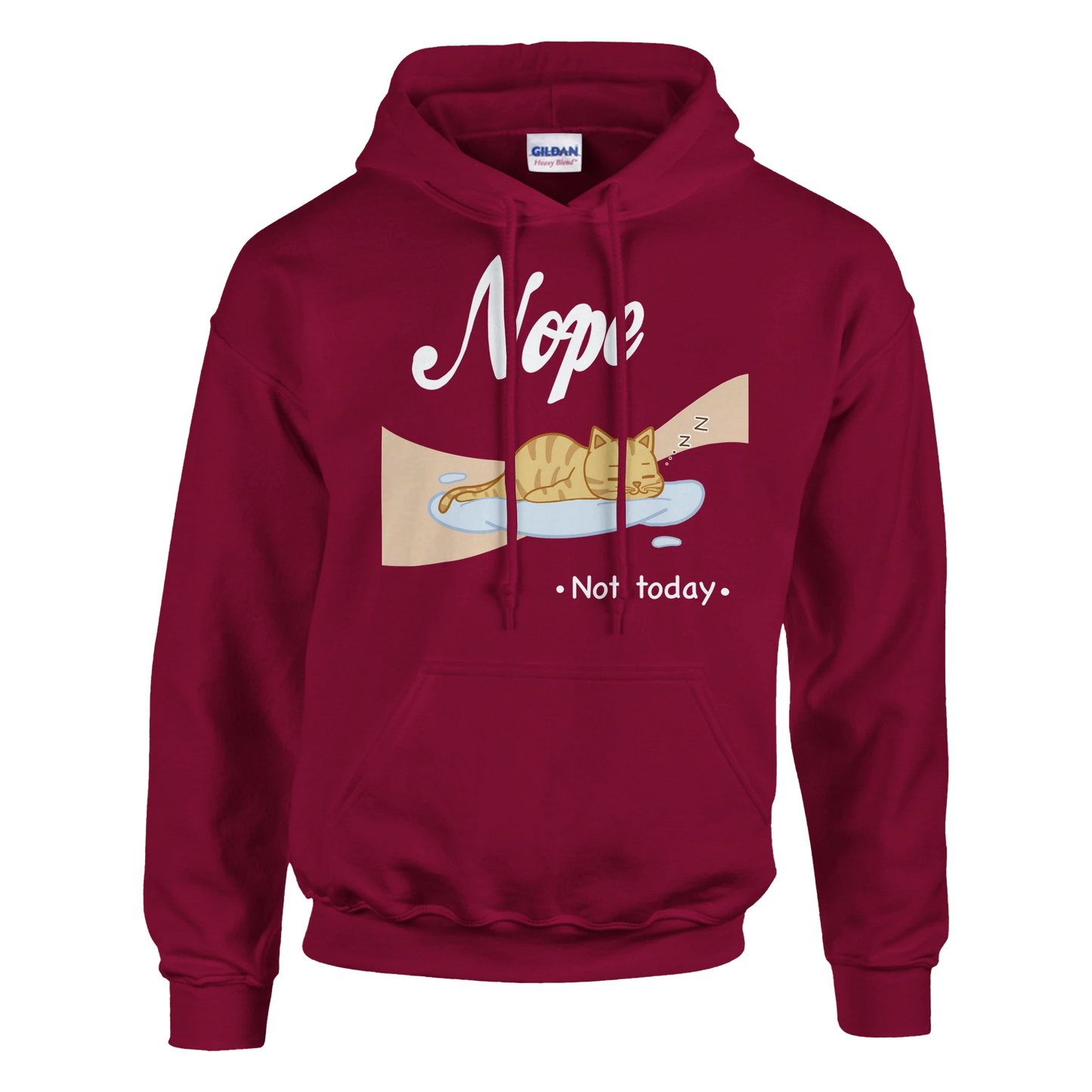 “Kawaii cat hoodie – cat sleeping on cloud with 'Nope, Not Today' print in pastel pink”