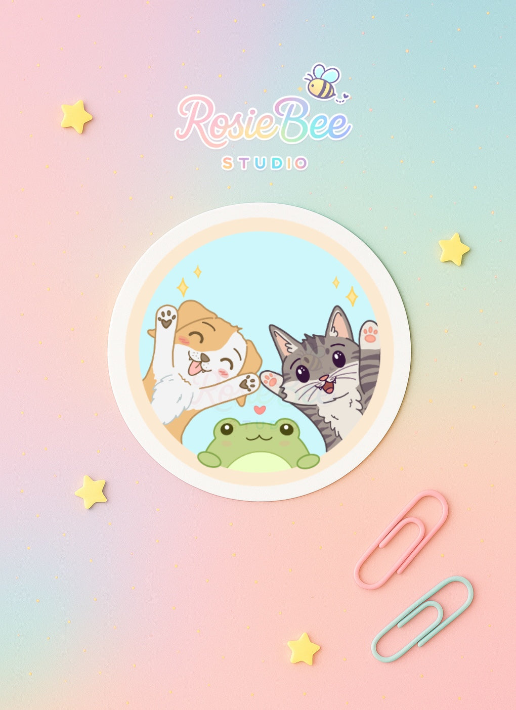 Stay Pawsitive Vinyl Sticker – Schattige Hond, Kat & Kikker – Glossy/Holografisch – Kawaii Waterproof Sticker