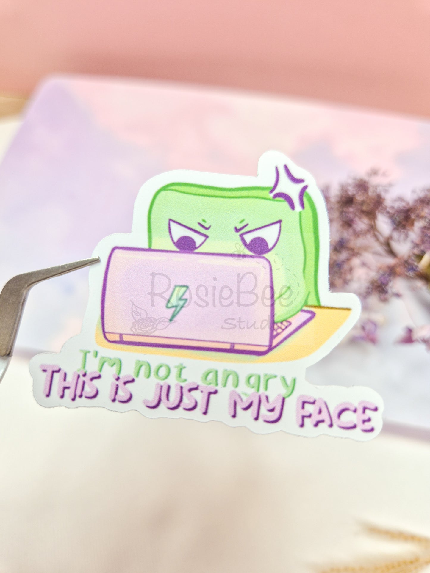 Angry Moji Friend | 'I'm Not Angry, This Is Just My Face' Die-Cut Sticker | Kawaii Quote Vinyl Sticker Moji Friends Design | Cute Pastel Planner Sticker