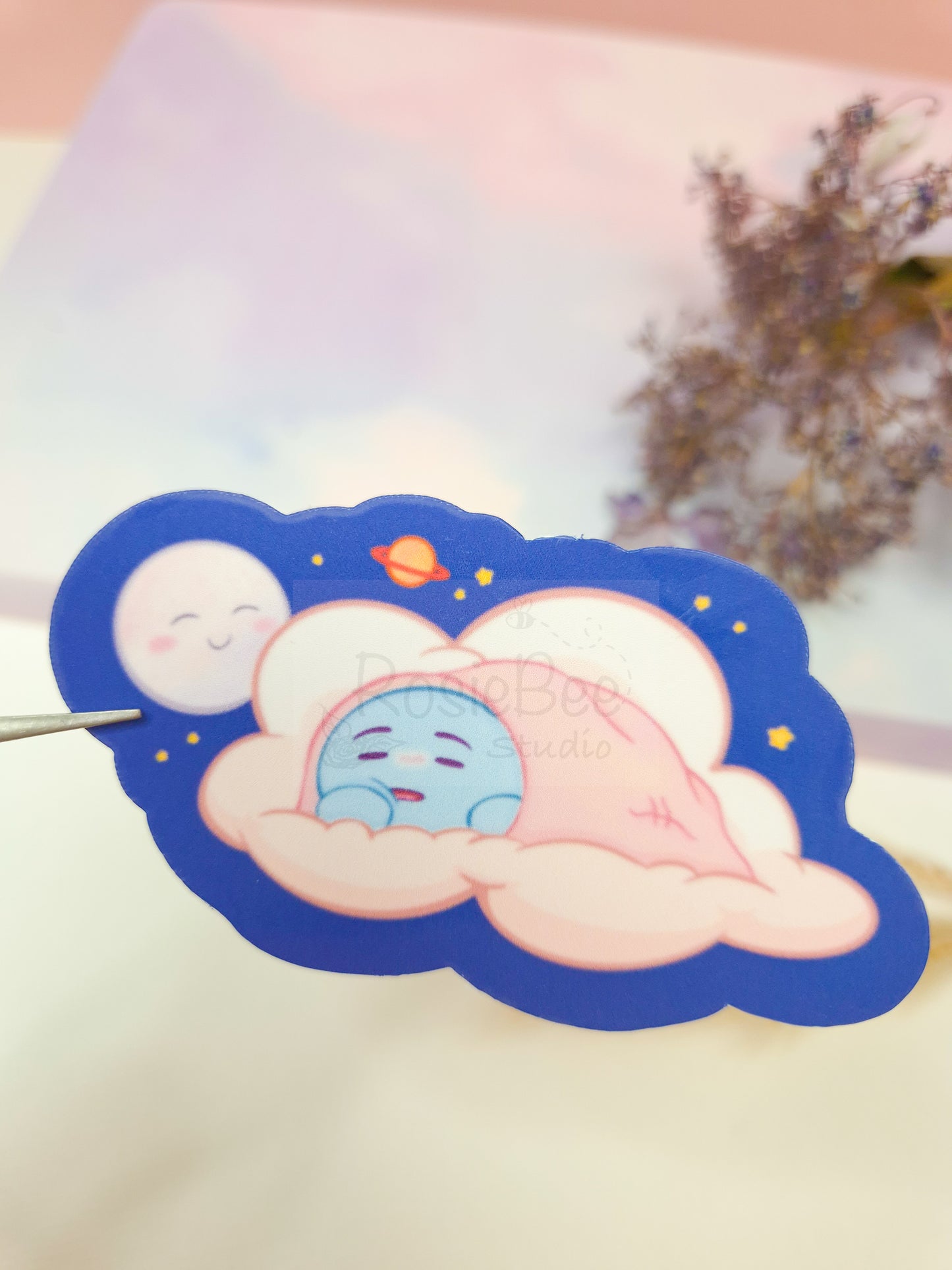 Sadness Moji Friend Keep On Dreaming Die-Cut Sticker | Kawaii Cloud Moon Vinyl Sticker Moji Friends Design | Cute Pastel Planet Planner Sticker