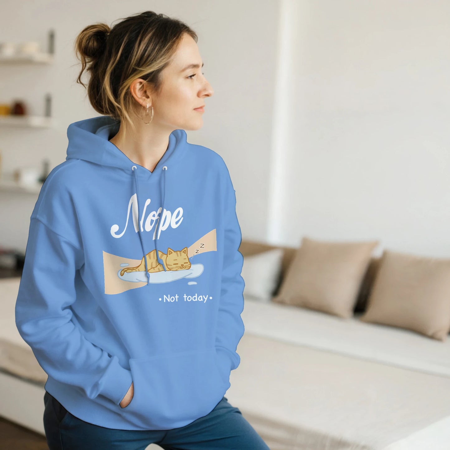 “Kawaii cat hoodie – cat sleeping on cloud with 'Nope, Not Today' print in pastel pink”