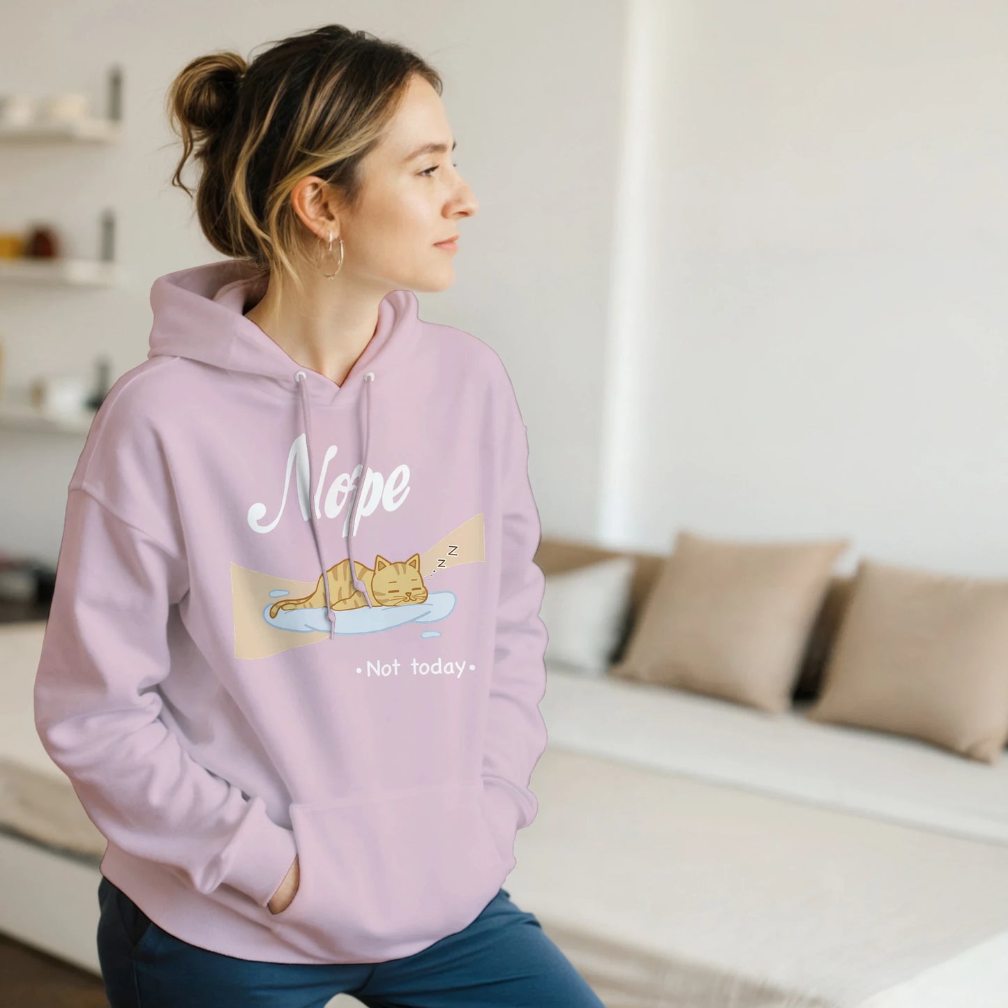 “Kawaii cat hoodie – cat sleeping on cloud with 'Nope, Not Today' print in pastel pink”