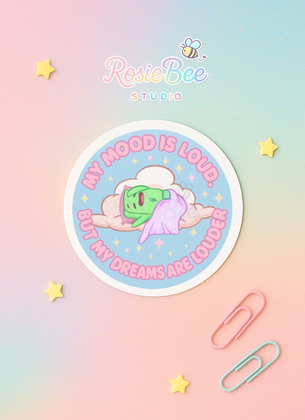 Moji Friends Dreaming Vinyl Sticker – My Mood Is Loud, But My Dreams Are Louder – Kawaii Pastel Sticker