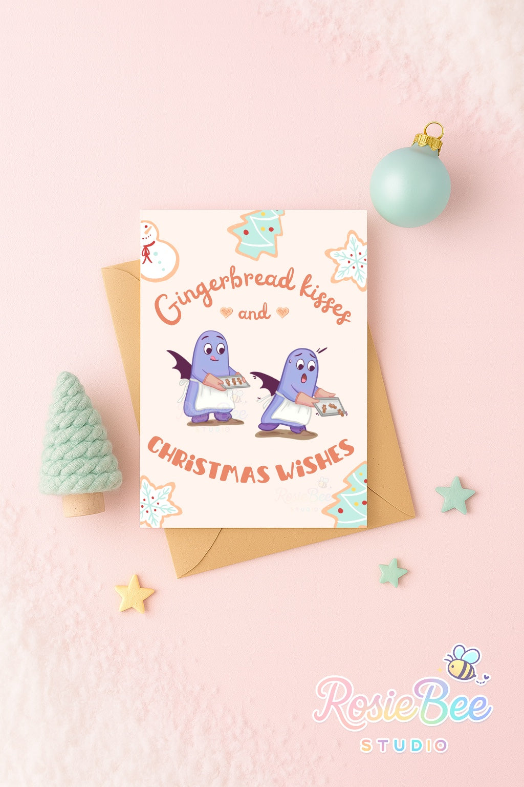 "Gingerbread Kisses, And Christmas Wishes" Greeting Card - Moji Friends Christmas Collection | Festive Kawaii Christmas Decor | CC005