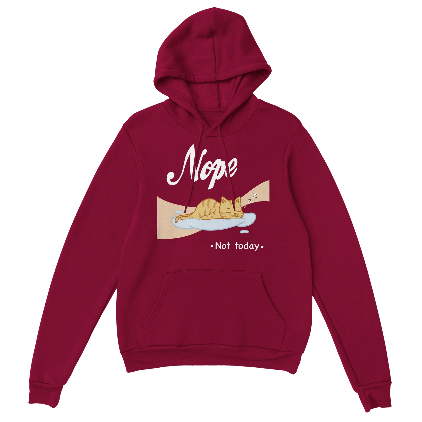 “Kawaii cat hoodie – cat sleeping on cloud with 'Nope, Not Today' print in pastel pink”