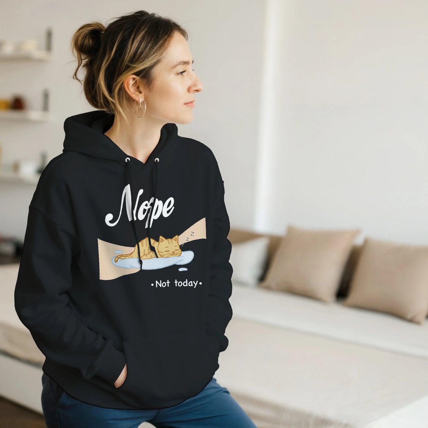 “Kawaii cat hoodie – cat sleeping on cloud with 'Nope, Not Today' print in pastel pink”