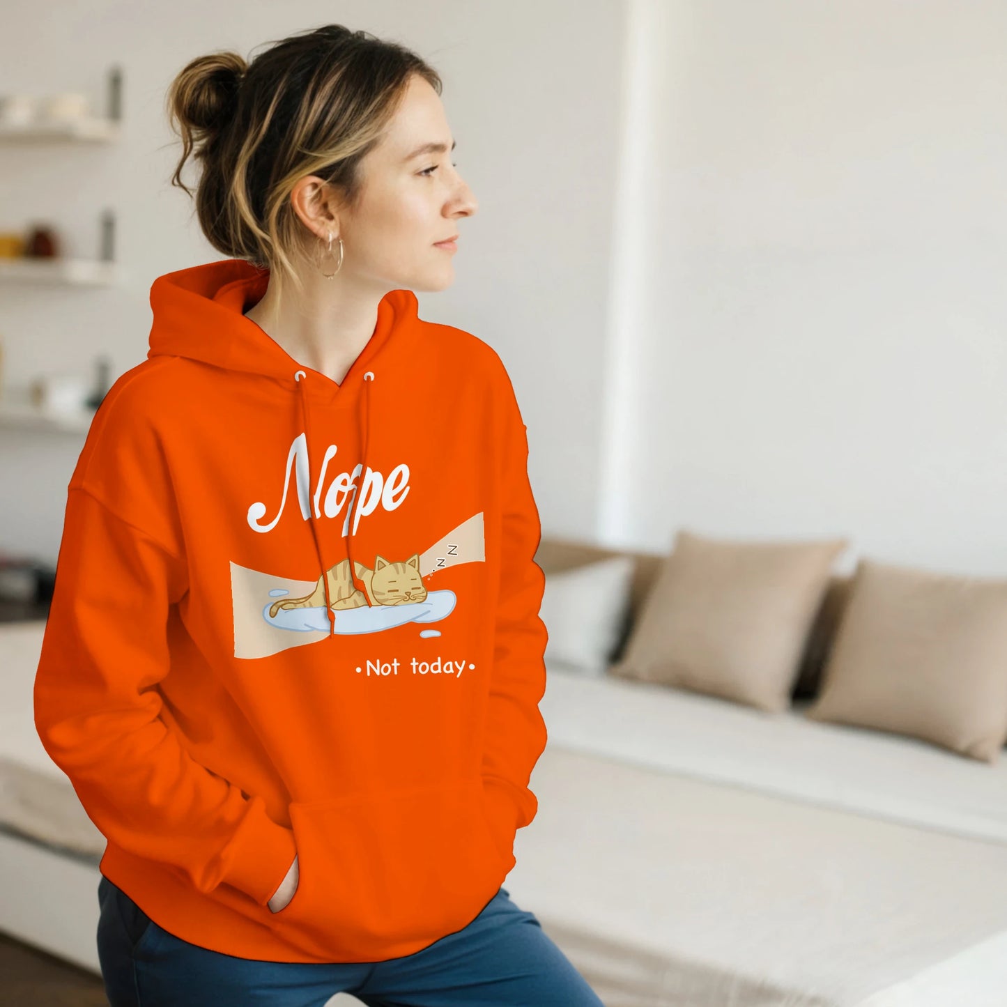“Kawaii cat hoodie – cat sleeping on cloud with 'Nope, Not Today' print in pastel pink”
