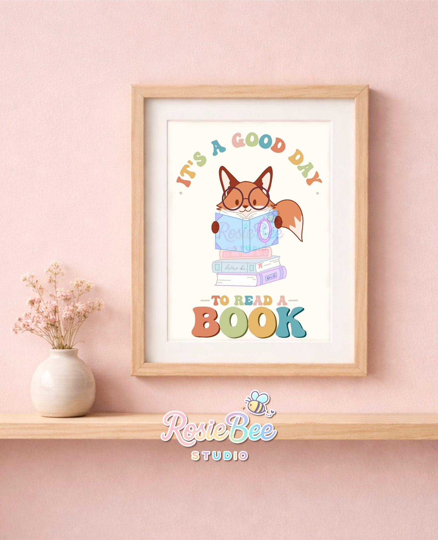 Schattige kinderkamer art print met vos die een boek leest en pastel tekst “It’s a Good Day to Read a Book