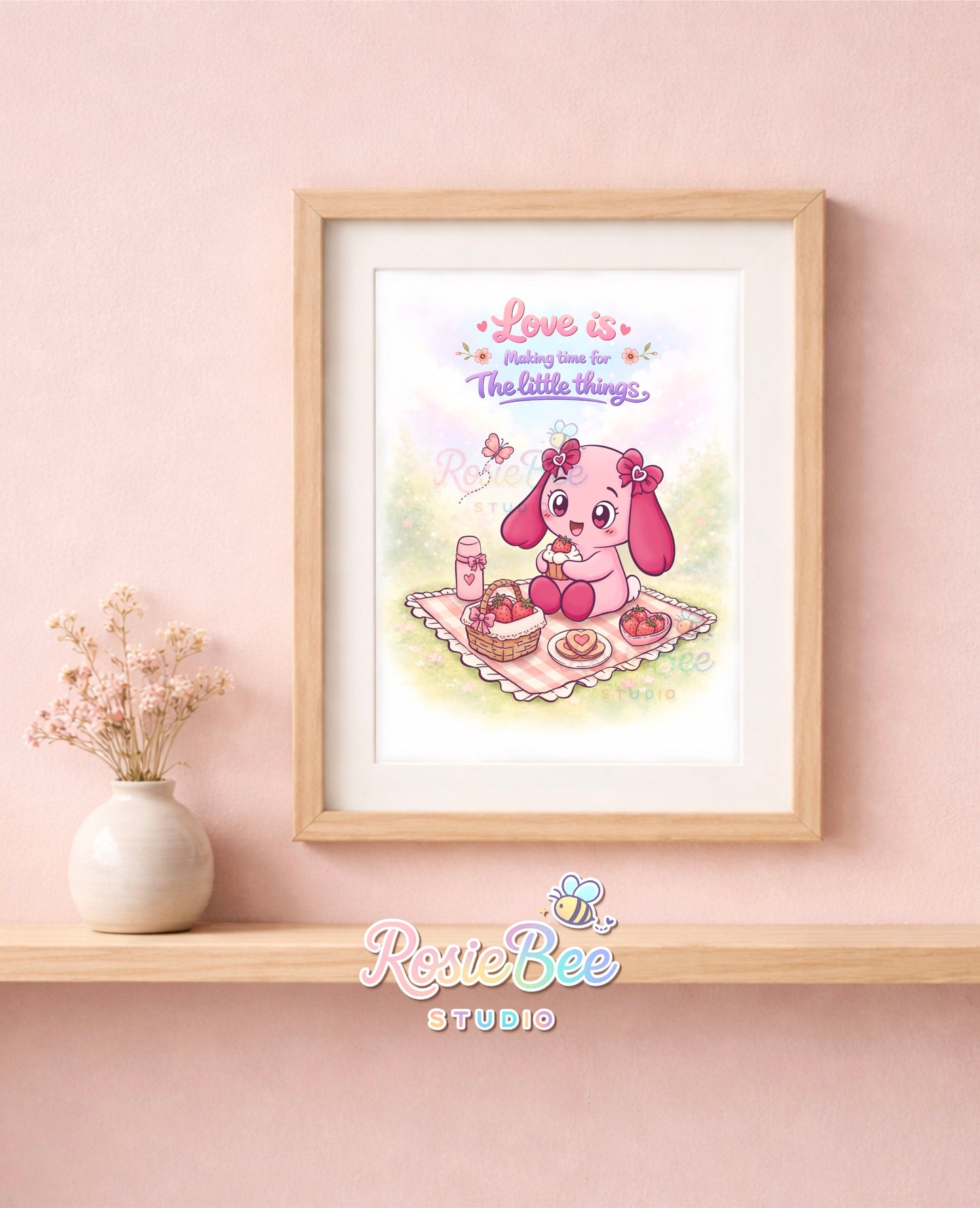 Art print van Moji Friend Liefde met de quote “Love Is Making Time for the Little Things”. Verkrijgbaar in A4, A5 en A6 en gedrukt op stevig 230 g/m² canvas fotopapier.