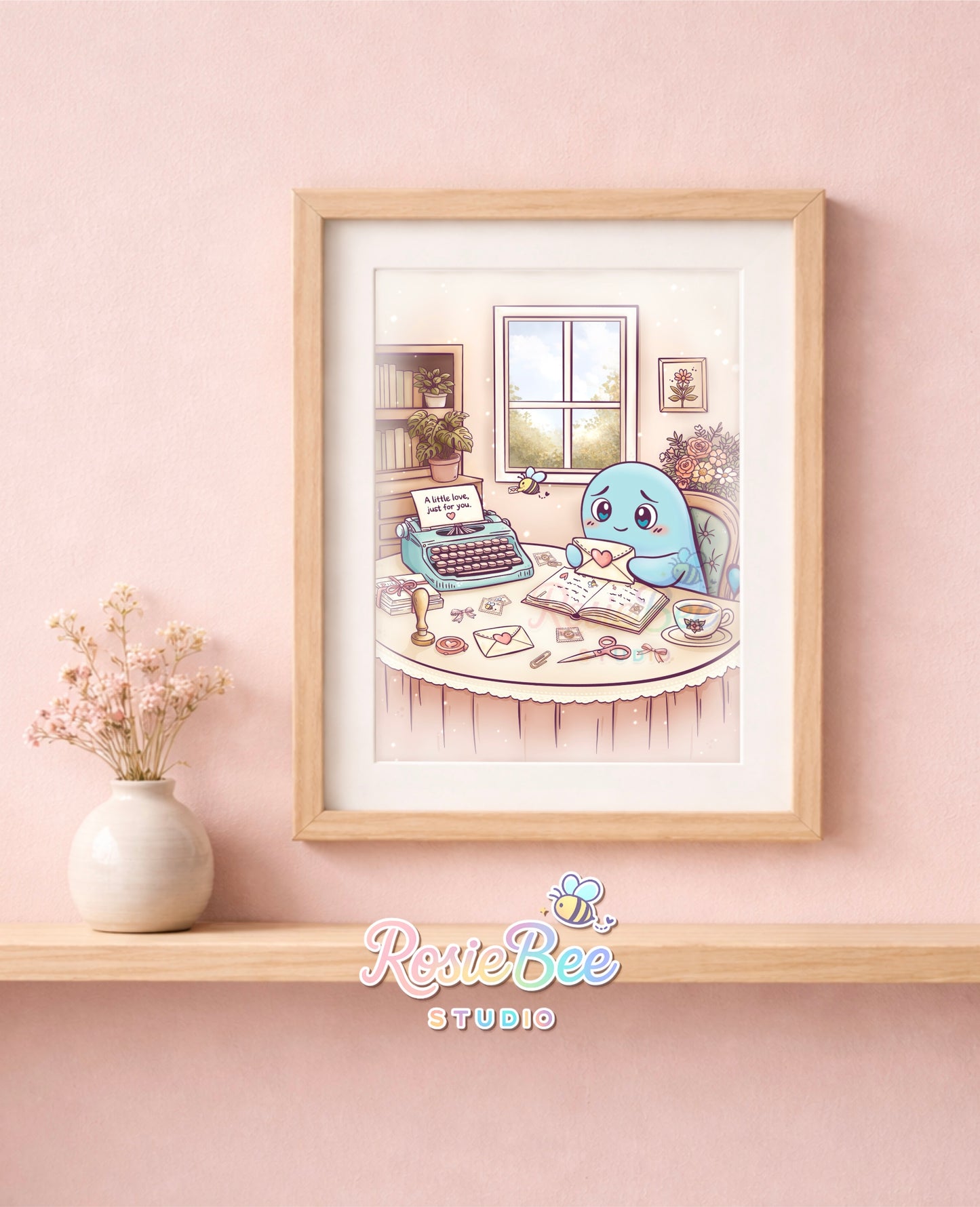 Moji Friend Verdriet art print met typemachine, envelop met hartje en cosy vintage bureau scene.