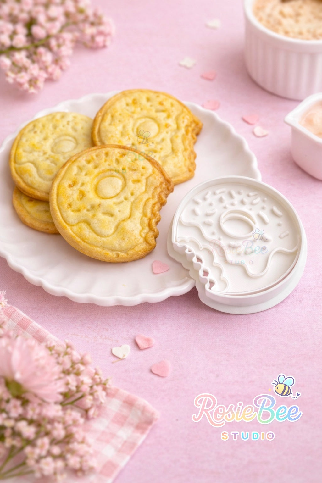 Donut koekjesvormpje (cookie cutter) uit de Moji Friends Cosy Café collectie met donut-koekjes op een wit bordje, pastelroze achtergrond en bloemetjes.