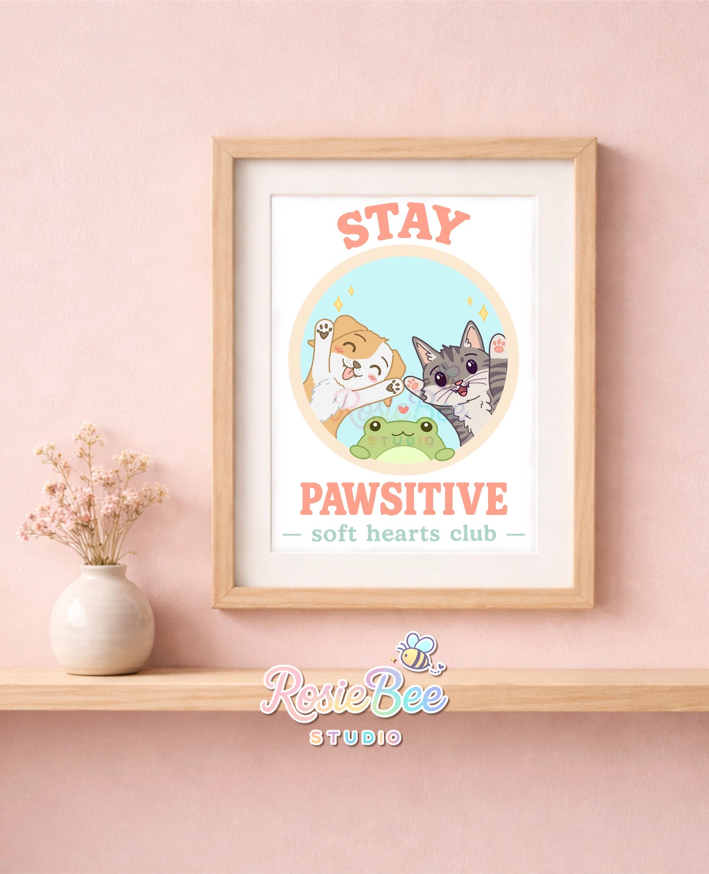 Schattige Stay Pawsitive art print met pastel dieren illustratie en tekst soft hearts club.