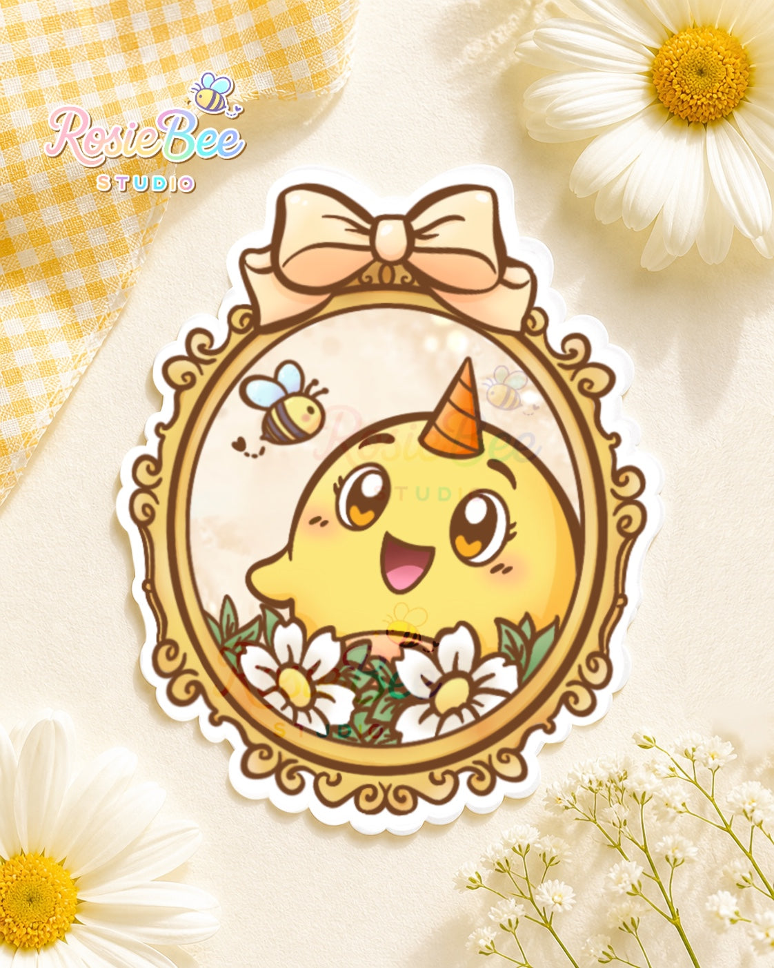 sunny wishes moji friend blijheid vinyl sticker met bloemen en gouden frame rosiebee studio