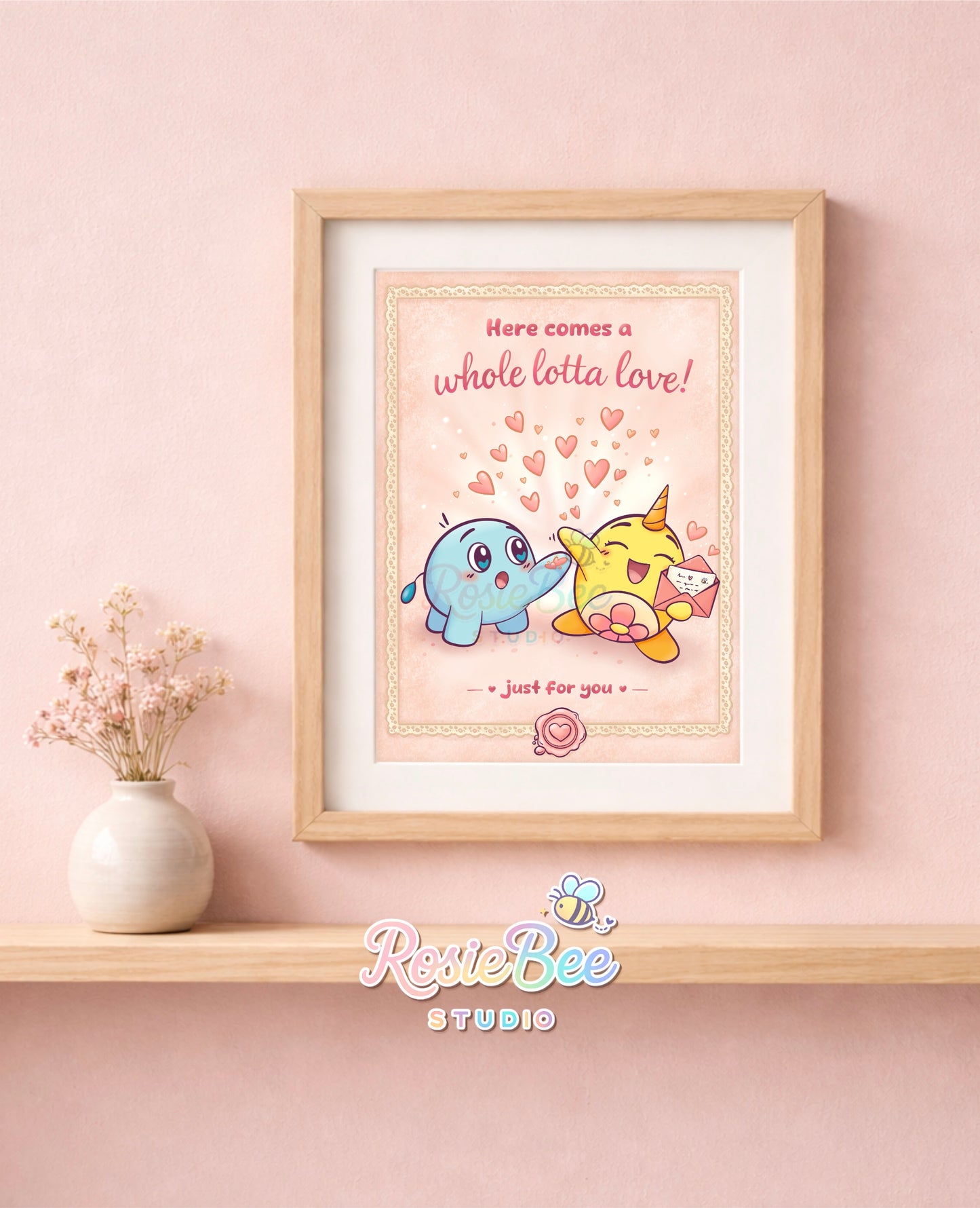 Schattige Here Comes a Whole Lotta Love art print met pastel hartjes en lieve illustratie.