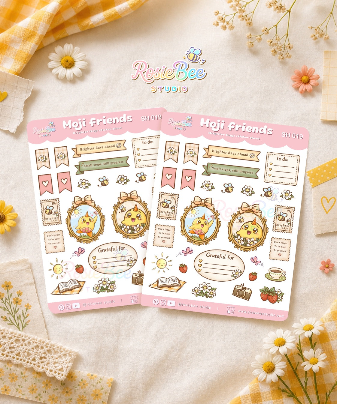 b6 moji friends sticker sheet met blijheid bloemen en journaling stickers rosiebee studio