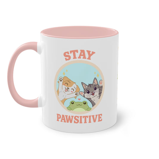 Stay Pawsitive Mok – Kawaii Cat & Frog Mug | Soft Hearts Club | Pastel Cute Mug 11oz | RosieBee Studio