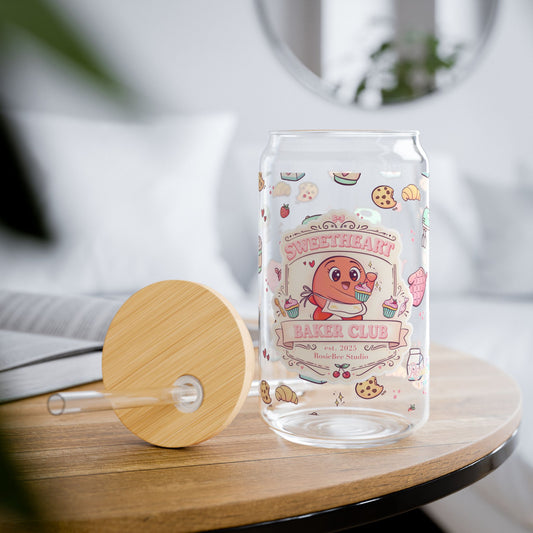 Sweetheart Baker Club – Glass Can (473 ml) met Bamboe Deksel & Rietje