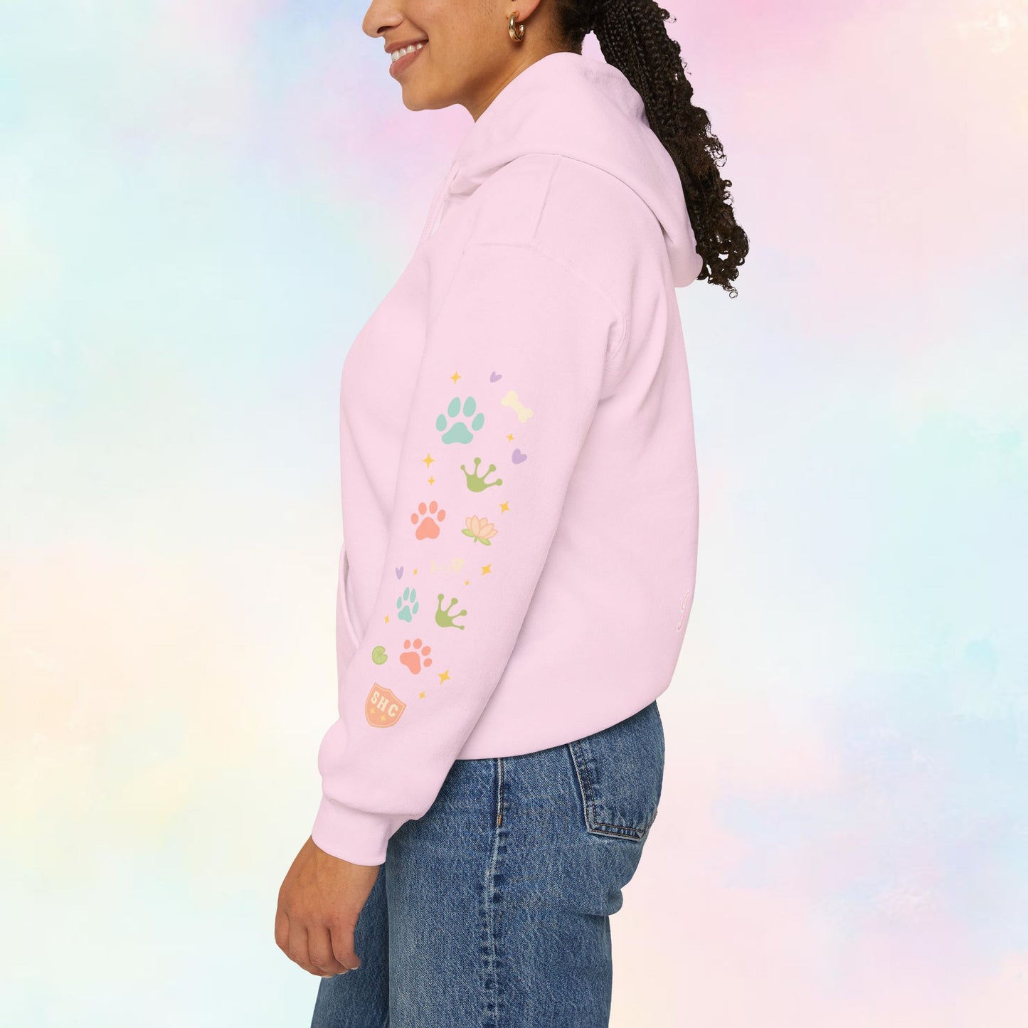 Stay Pawsitive Hoodie – Kawaii Pastel Hoodie met Cute Cat, Frog & Dog Paw Prints | Cozy Unisex Hoodie