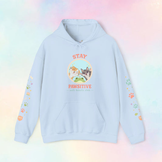 Stay Pawsitive Hoodie – Kawaii Pastel Hoodie met Cute Cat, Frog & Dog Paw Prints | Cozy Unisex Hoodie