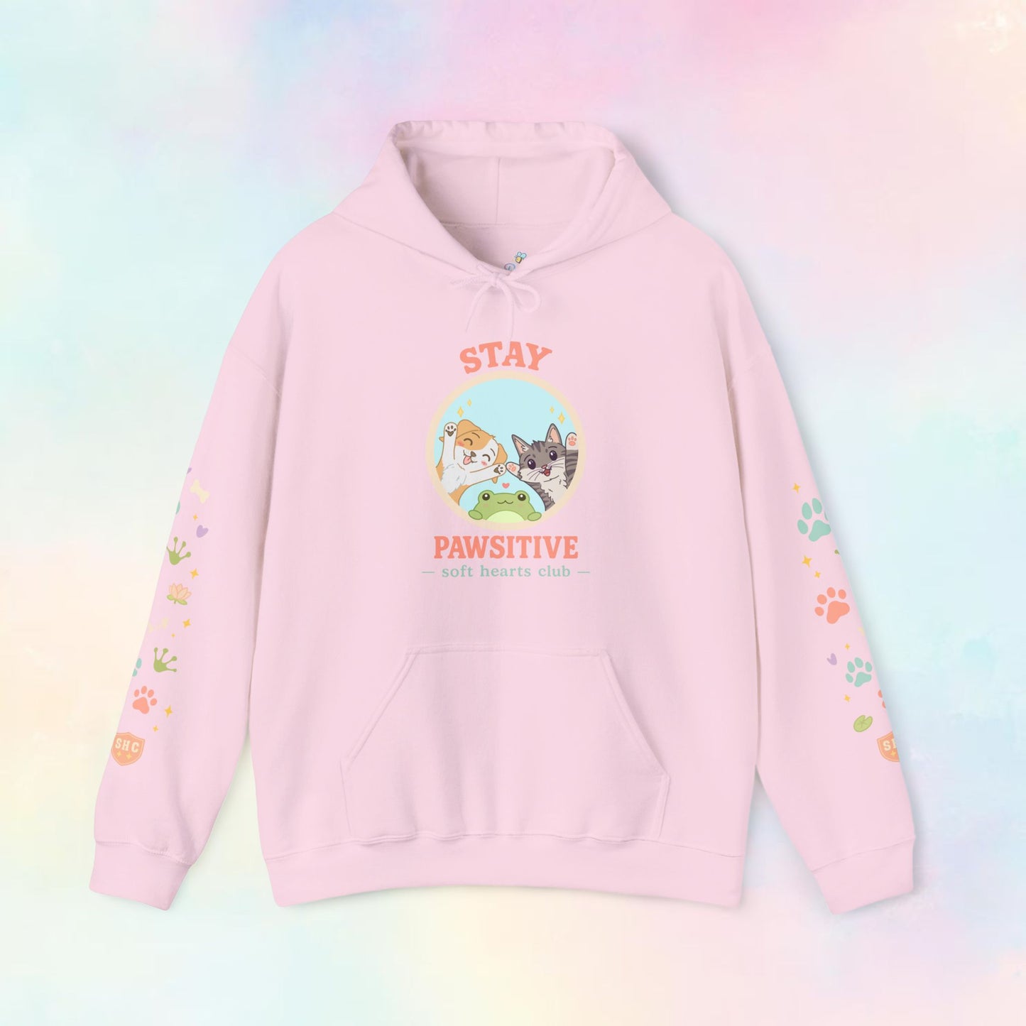 Stay Pawsitive Hoodie – Kawaii Pastel Hoodie met Cute Cat, Frog & Dog Paw Prints | Cozy Unisex Hoodie