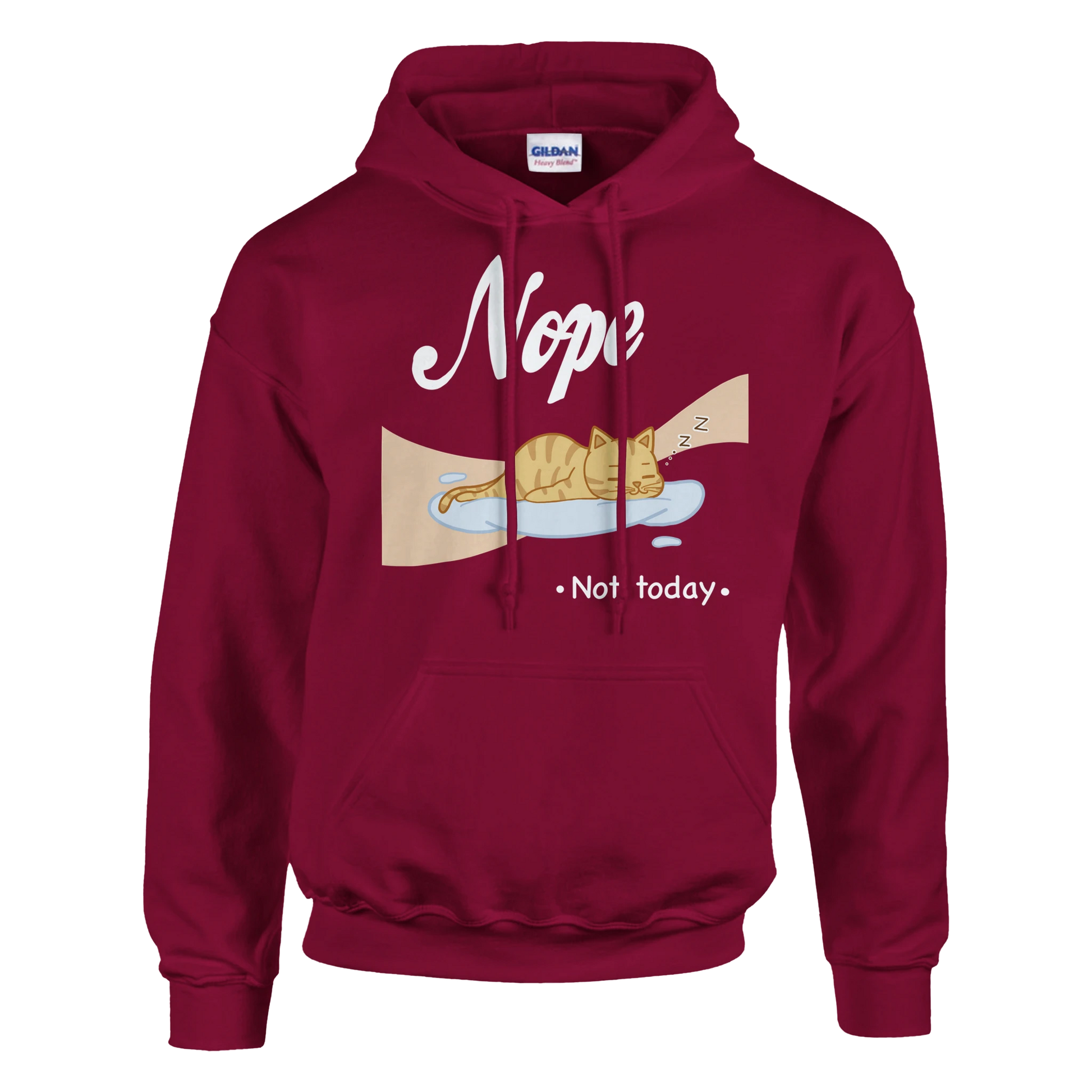 “Kawaii cat hoodie – cat sleeping on cloud with 'Nope, Not Today' print in pastel pink”