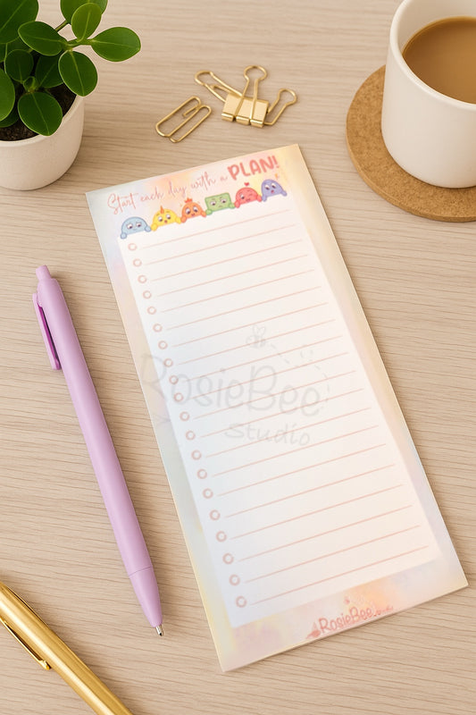 Start Each Day With A Plan DL To-Do List Pad – 50 pages | Kawaii Colourful Pastel Stationery with Moji Friends Design