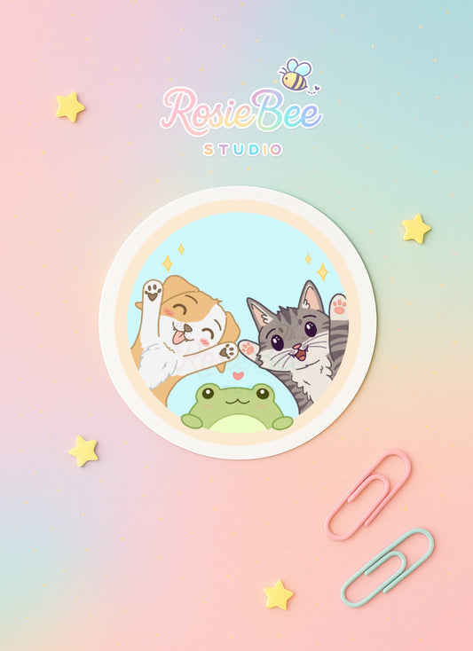 Stay Pawsitive Vinyl Sticker – Schattige Hond, Kat & Kikker – Glossy/Holografisch – Kawaii Waterproof Sticker