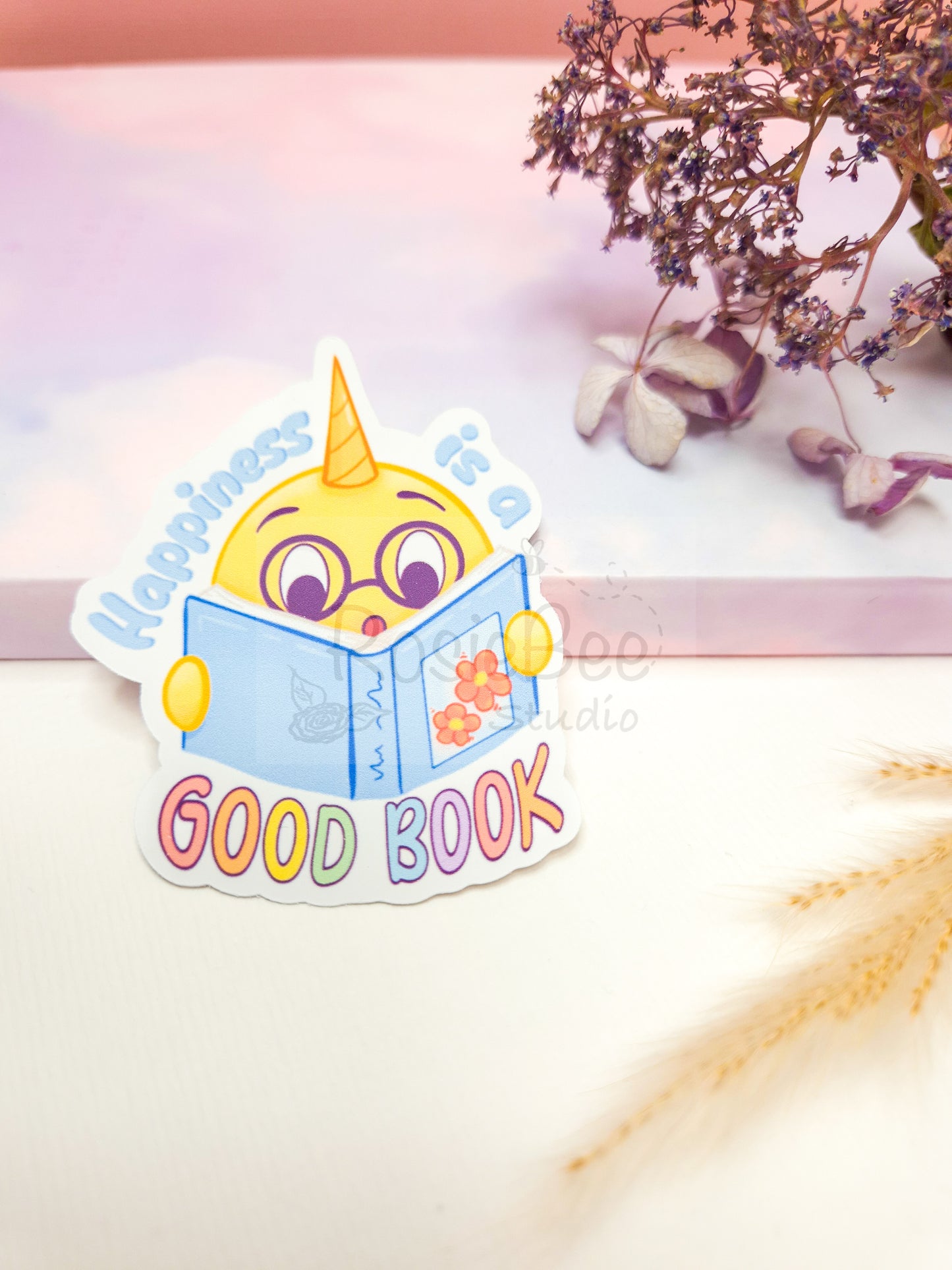 Happy Moji Friend | 'Happiness Is A Good Book' Die-Cut Sticker | Kawaii Quote Vinyl Sticker Moji Friends Design | Motivating Pastel Planner Sticker