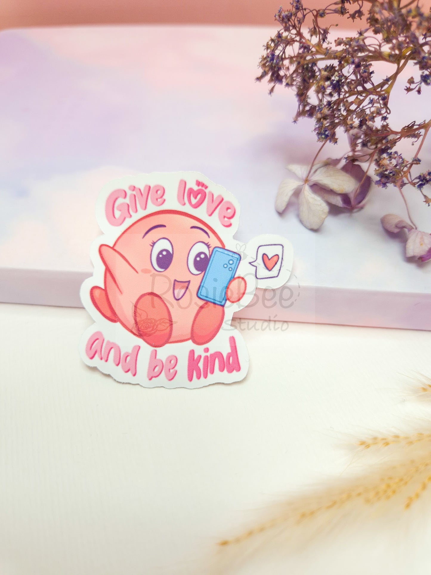 Love Moji Friend | 'Give Love And Be Kind' Die-Cut Sticker | Kawaii Quote Vinyl Sticker Moji Friends Design | Sweet Pastel Planner Stickers