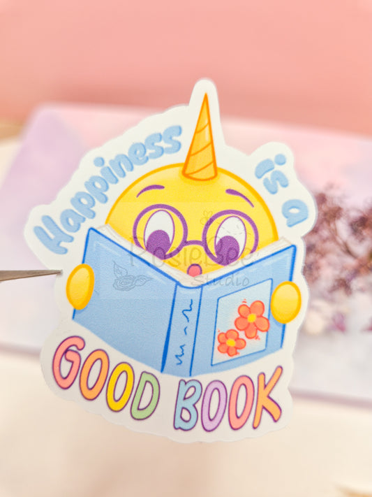 Happy Moji Friend | 'Happiness Is A Good Book' Die-Cut Sticker | Kawaii Quote Vinyl Sticker Moji Friends Design | Motivating Pastel Planner Sticker