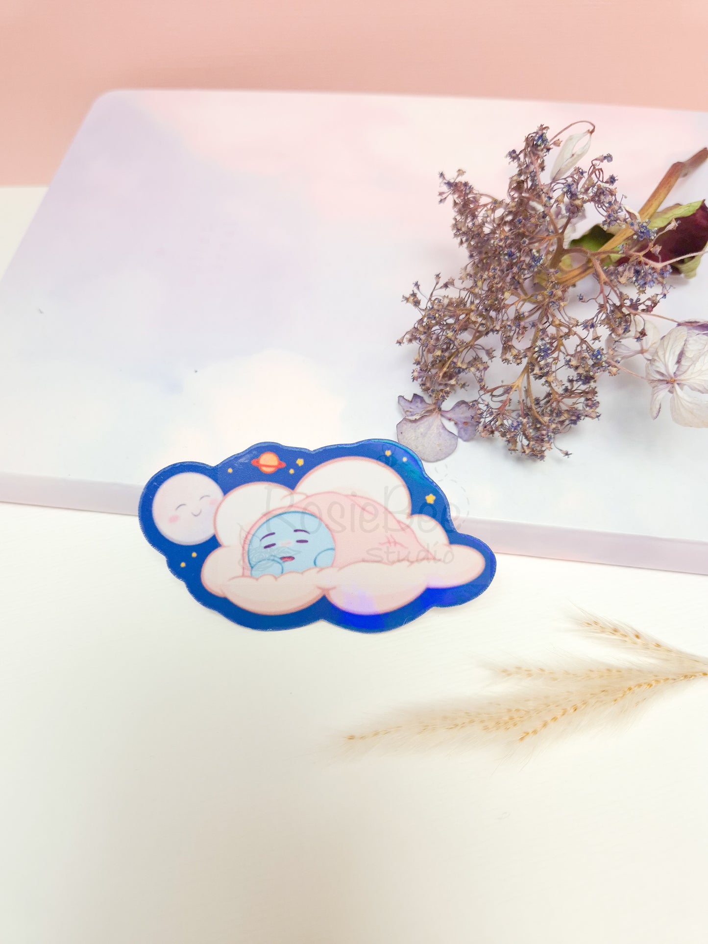 Sadness Moji Friend Keep On Dreaming Die-Cut Sticker | Kawaii Cloud Moon Vinyl Sticker Moji Friends Design | Cute Pastel Planet Planner Sticker