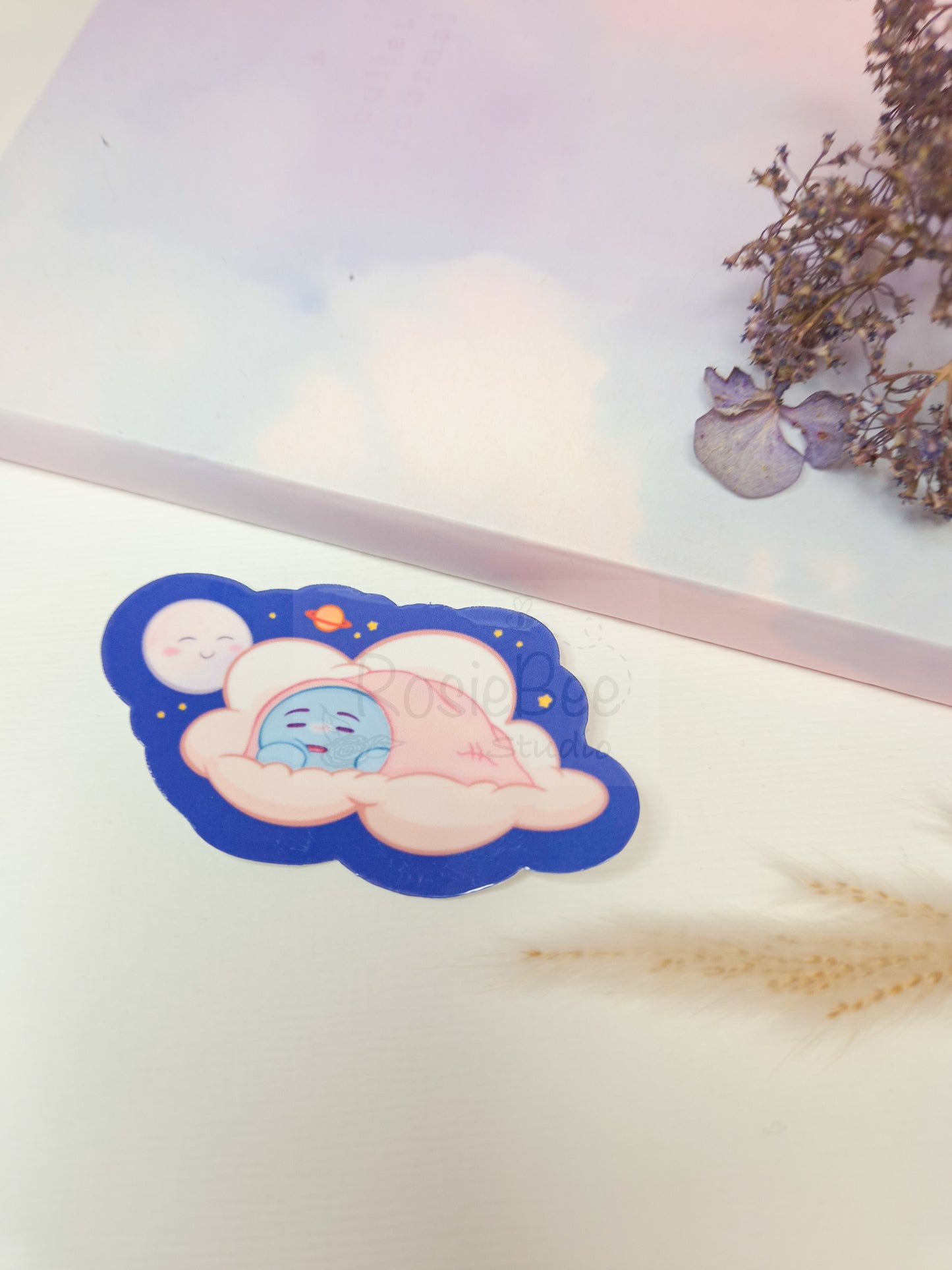 Sadness Moji Friend Keep On Dreaming Die-Cut Sticker | Kawaii Cloud Moon Vinyl Sticker Moji Friends Design | Cute Pastel Planet Planner Sticker