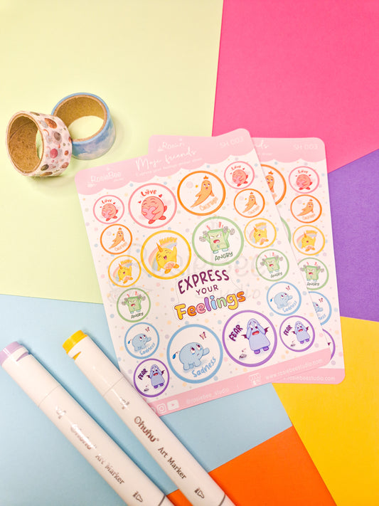 Express Your Feelings B6 Sticker Sheet – Cute Moji Friends Mixed Design With Quote | Kawaii Pastel Planner Stickers | SH003