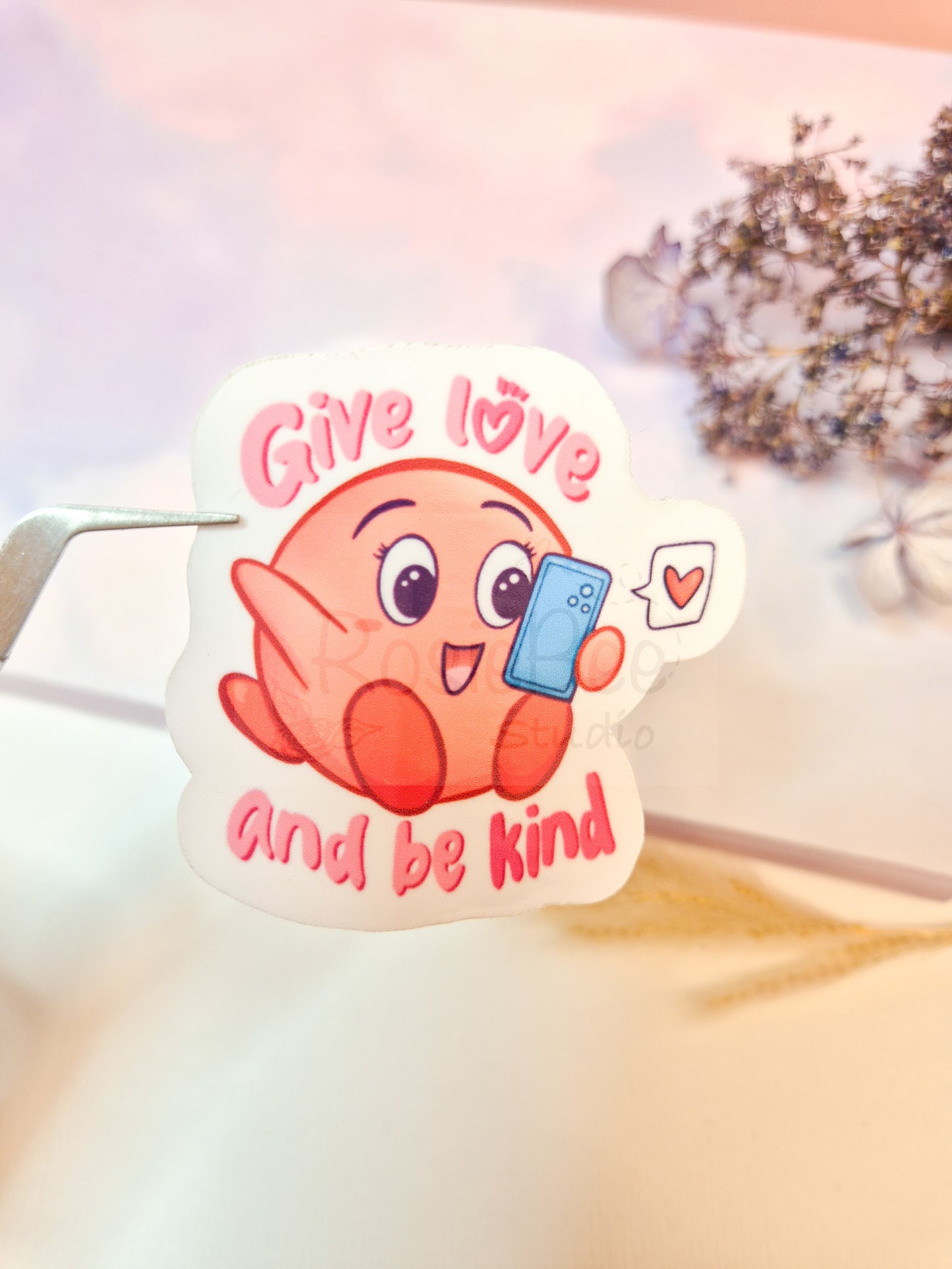 Love Moji Friend | 'Give Love And Be Kind' Die-Cut Sticker | Kawaii Quote Vinyl Sticker Moji Friends Design | Sweet Pastel Planner Stickers