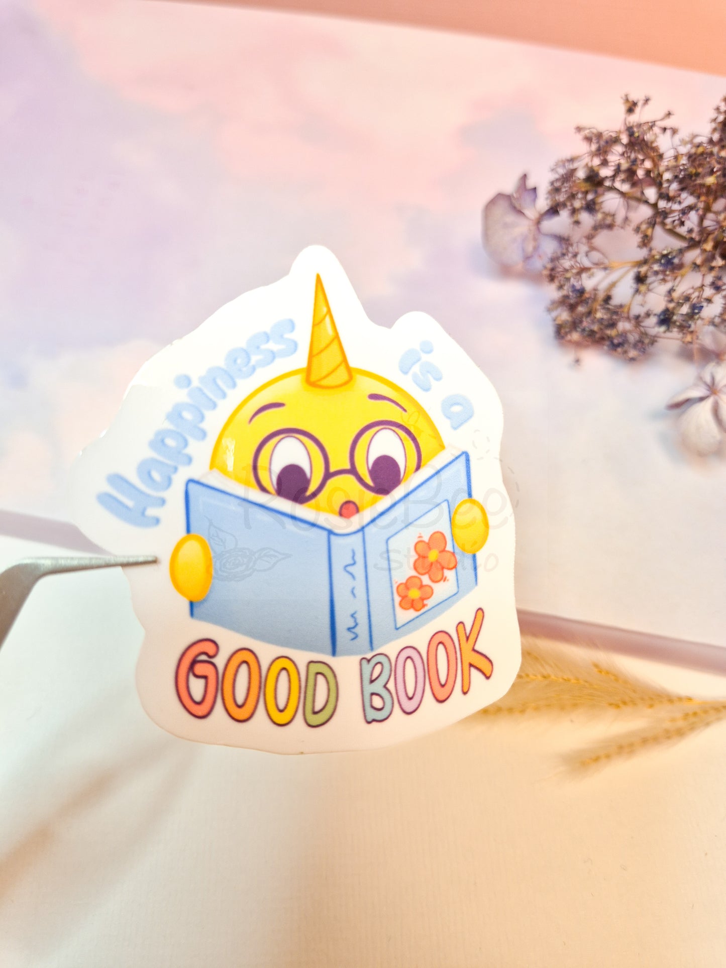 Happy Moji Friend | 'Happiness Is A Good Book' Die-Cut Sticker | Kawaii Quote Vinyl Sticker Moji Friends Design | Motivating Pastel Planner Sticker