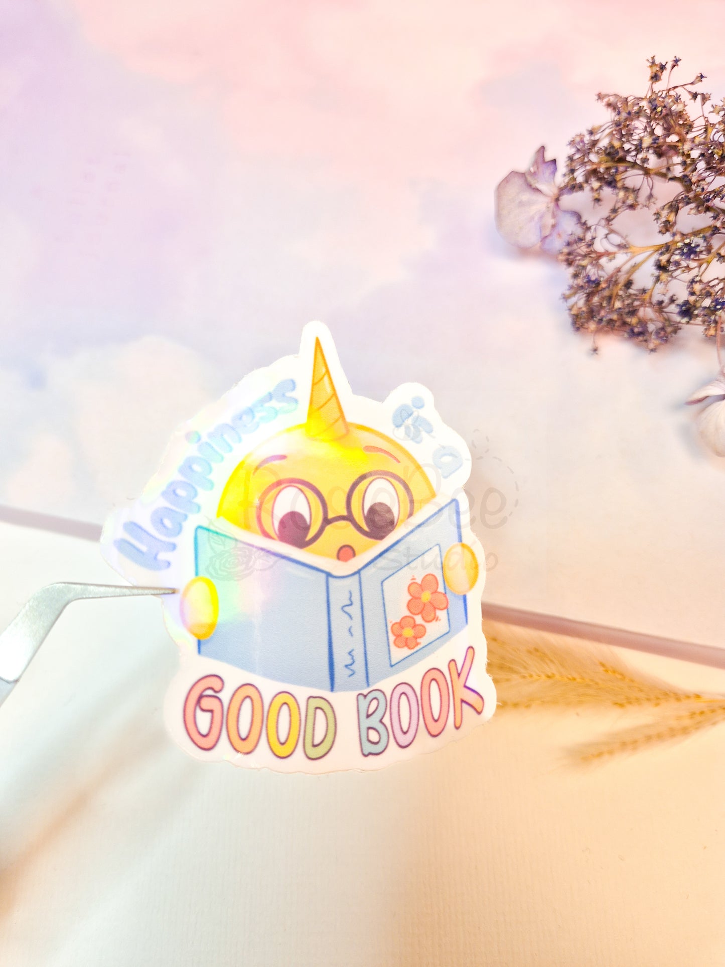 Happy Moji Friend | 'Happiness Is A Good Book' Die-Cut Sticker | Kawaii Quote Vinyl Sticker Moji Friends Design | Motivating Pastel Planner Sticker