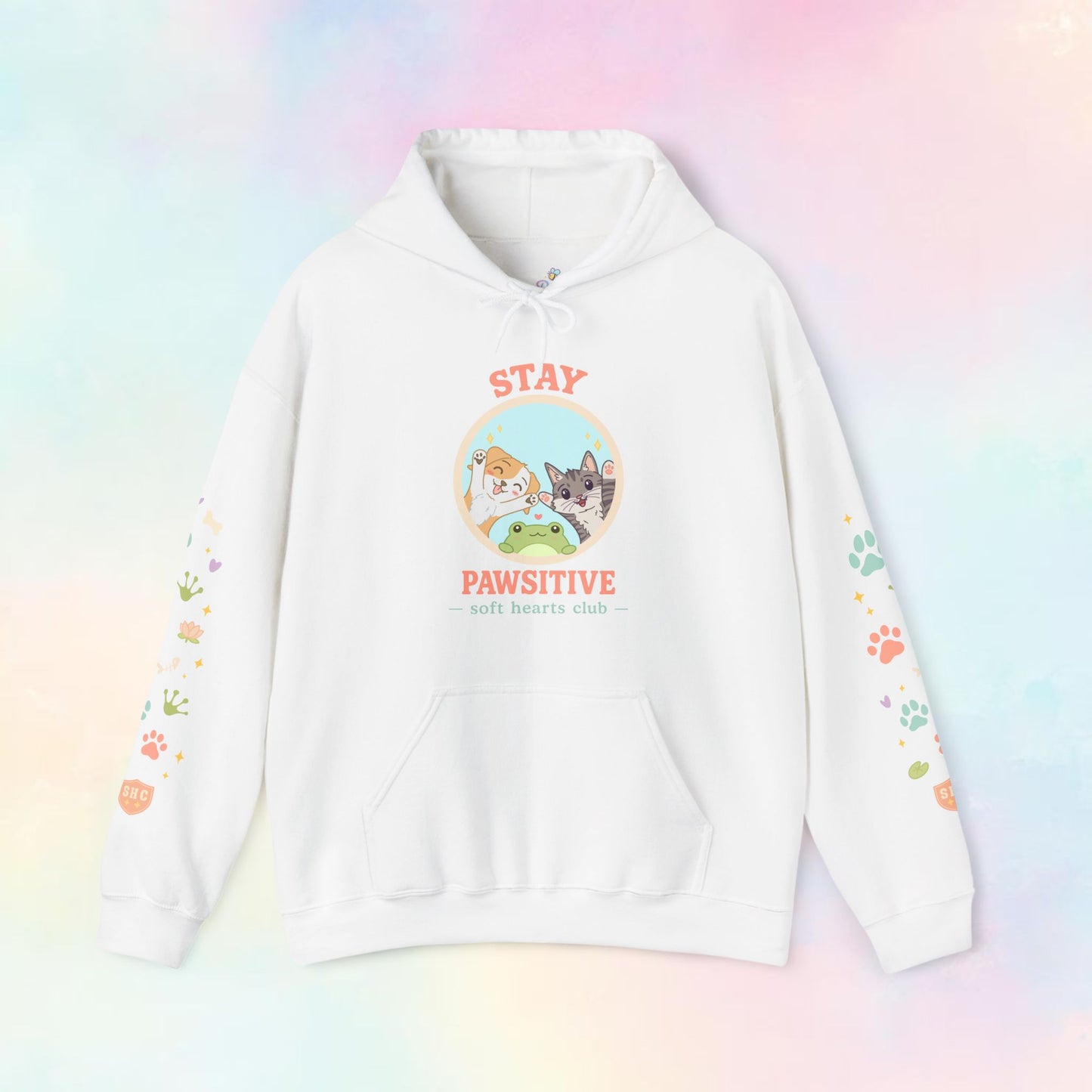 Stay Pawsitive Hoodie – Kawaii Pastel Hoodie met Cute Cat, Frog & Dog Paw Prints | Cozy Unisex Hoodie