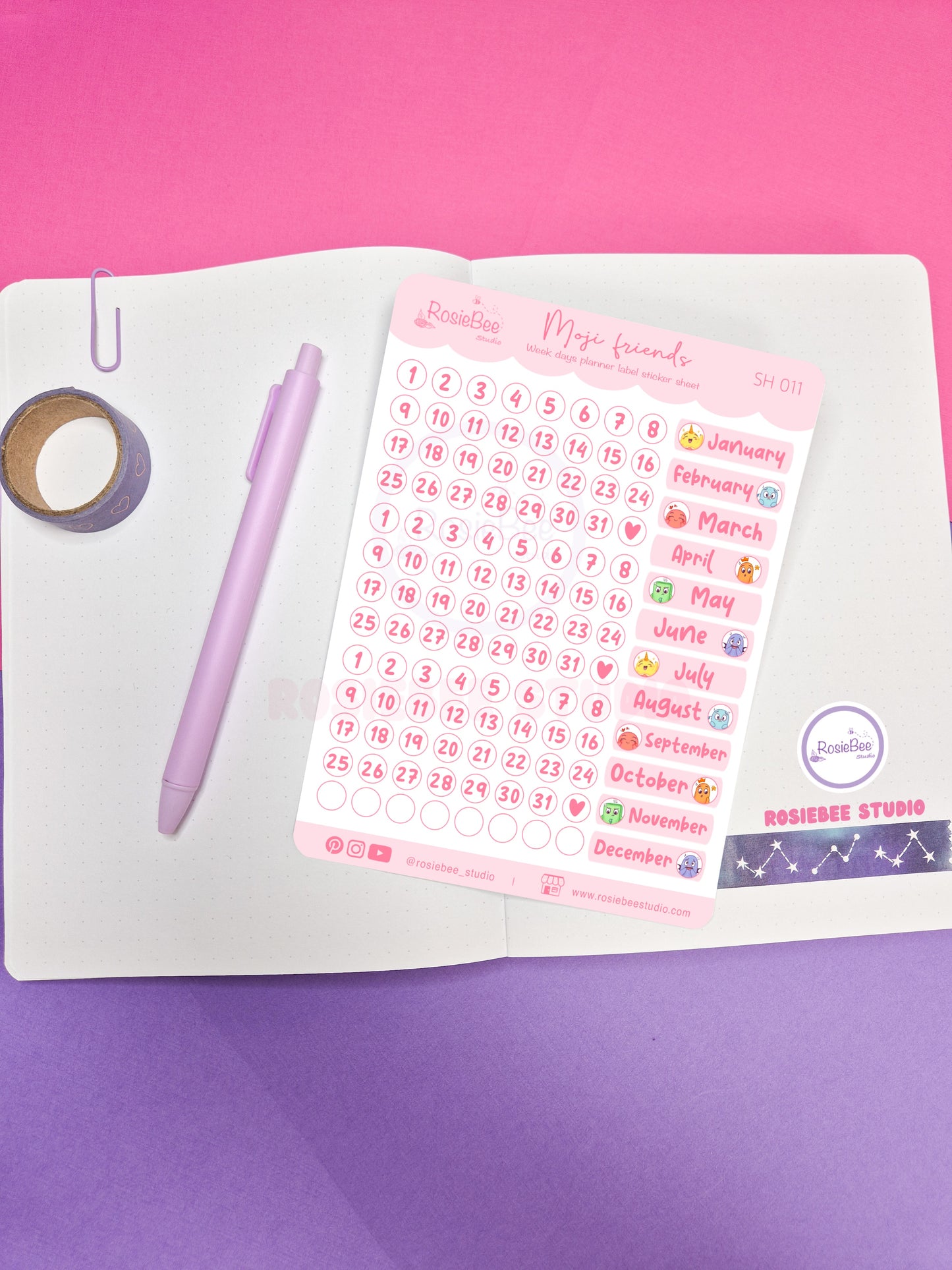 Week Days Planner Labels B6 Sticker Sheet - Cute Moji Friends Planner Week Numbers Design | Kawaii Stationery Plan Your Days Stickers | SH011