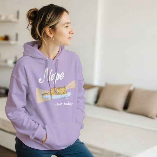 “Kawaii cat hoodie – cat sleeping on cloud with 'Nope, Not Today' print in pastel pink”