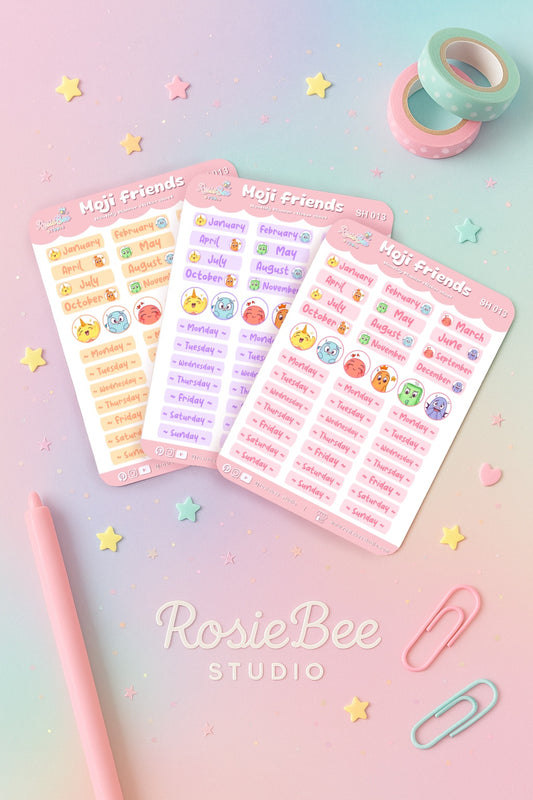 Moji Friends Planner Stickers – Maanden & Weekdagen | Kawaii Pastel Stickervellen voor Bullet Journals & Planners