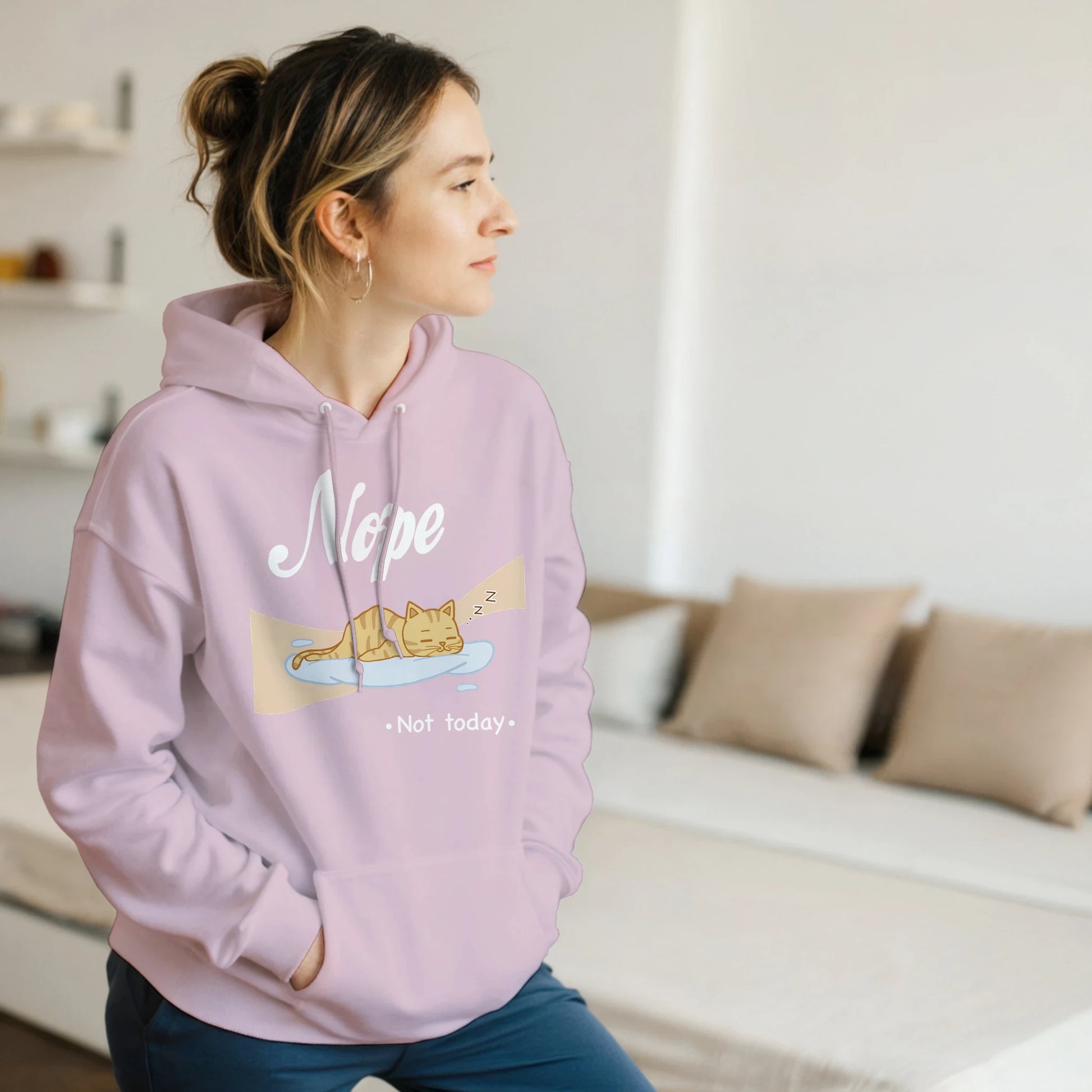 “Kawaii cat hoodie – cat sleeping on cloud with 'Nope, Not Today' print in pastel pink”