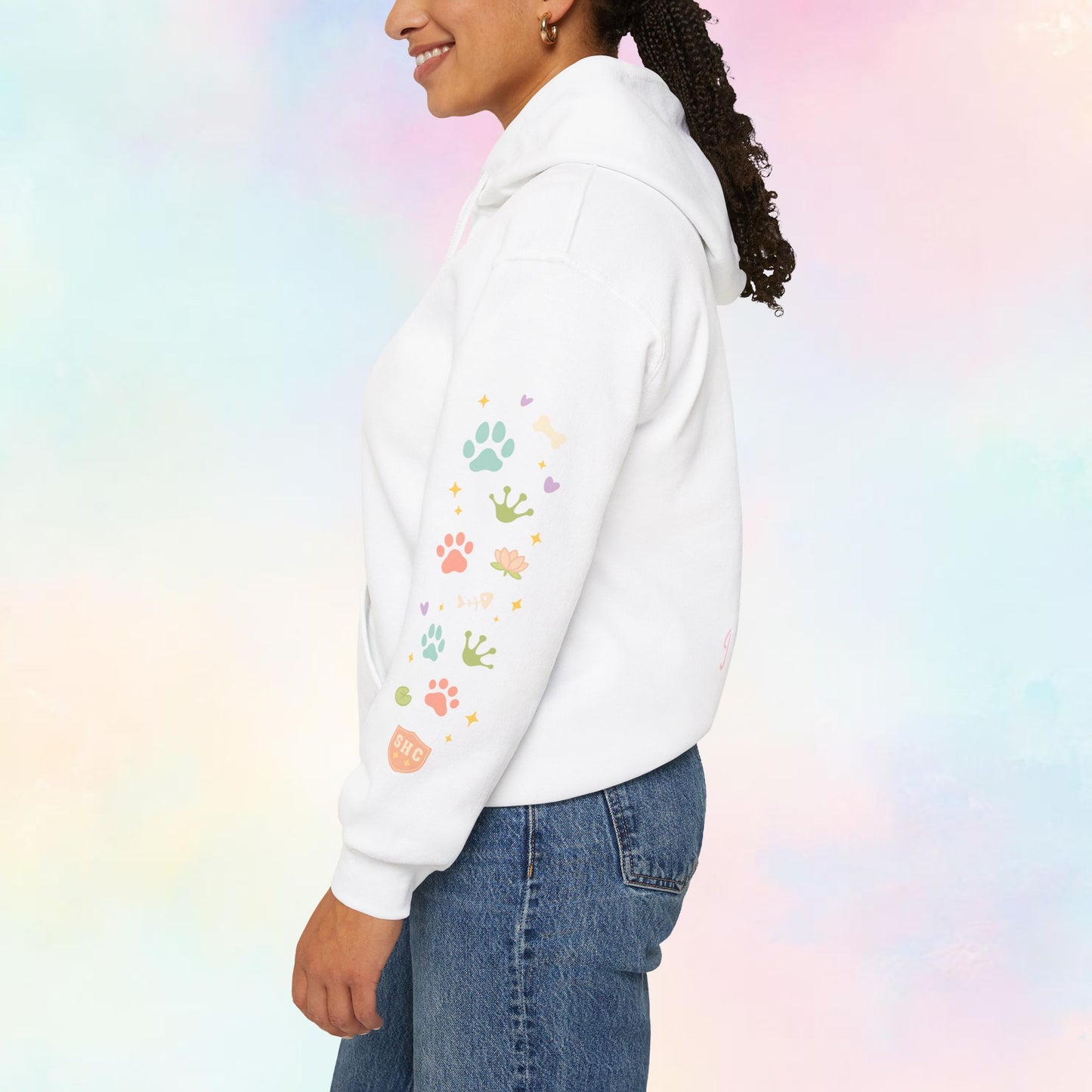 Stay Pawsitive Hoodie – Kawaii Pastel Hoodie met Cute Cat, Frog & Dog Paw Prints | Cozy Unisex Hoodie