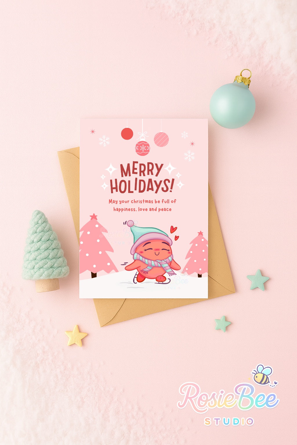 Cute Christmas Card – Moji Friend Love | Pastel Kawaii Merry Holidays Kerstkaart