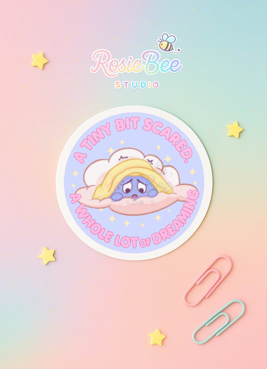 A Tiny Bit Scared – Moji Friend Angst Vinyl Sticker | Keep On Dreaming | Pastel Kawaii Sticker