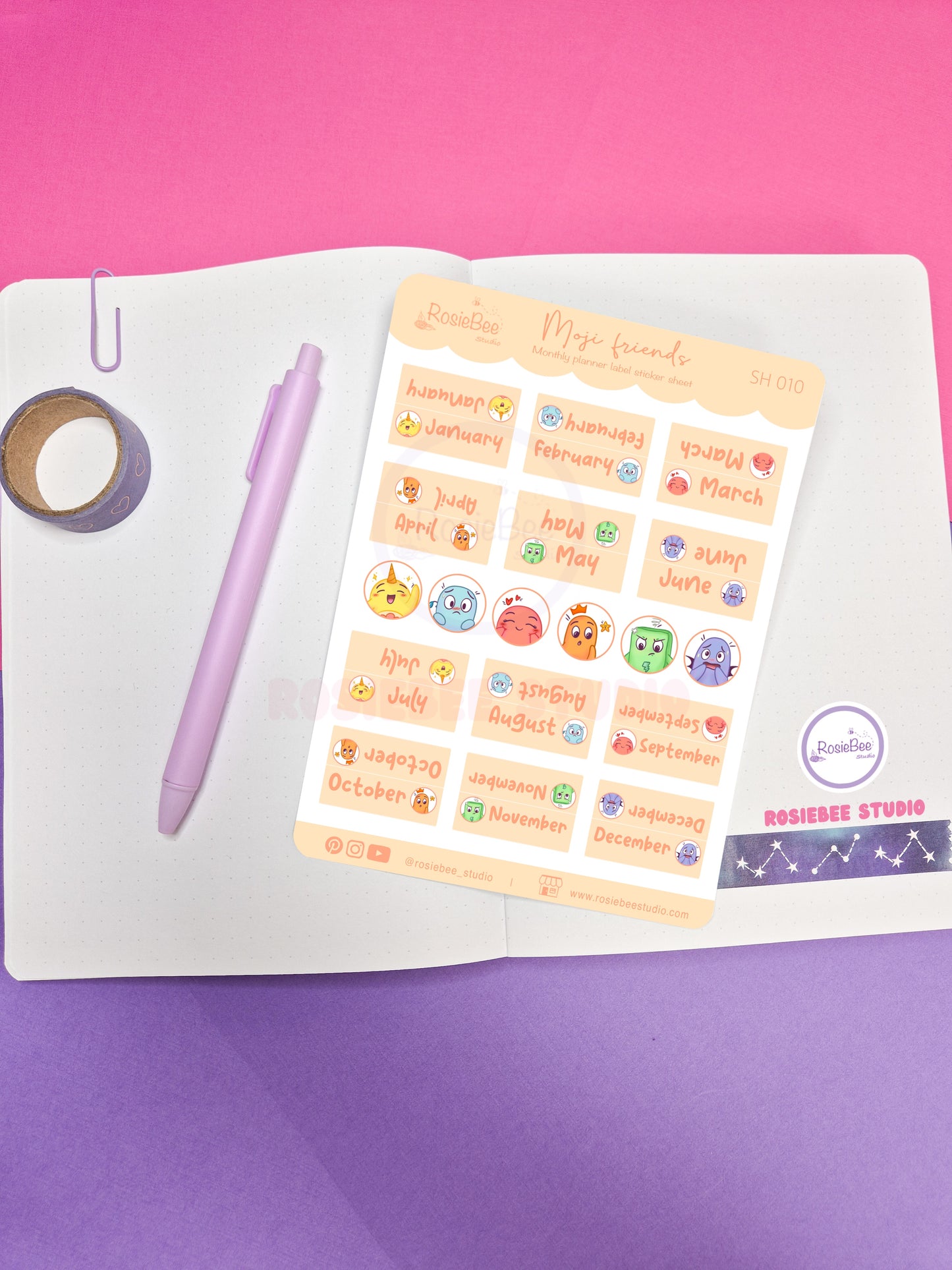 Monthly Planner Labels B6 Sticker Sheet - Cute Moji Friends Planner Tabs Design | Kawaii Stationery Plan Your Year Stickers | SH010