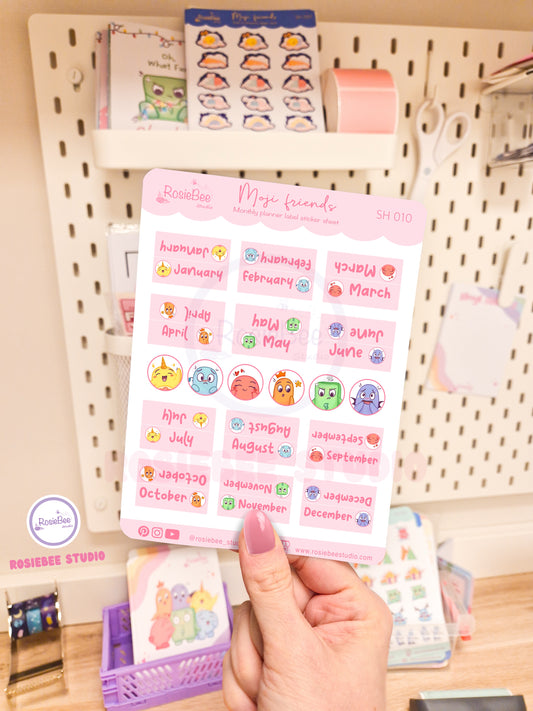 Monthly Planner Labels B6 Sticker Sheet - Cute Moji Friends Planner Tabs Design | Kawaii Stationery Plan Your Year Stickers | SH010