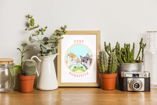 Stay Pawsitive Art Print | Kawaii Animal Wall Decor Illustration | Cute Cat, Dog And Frog Home Decor